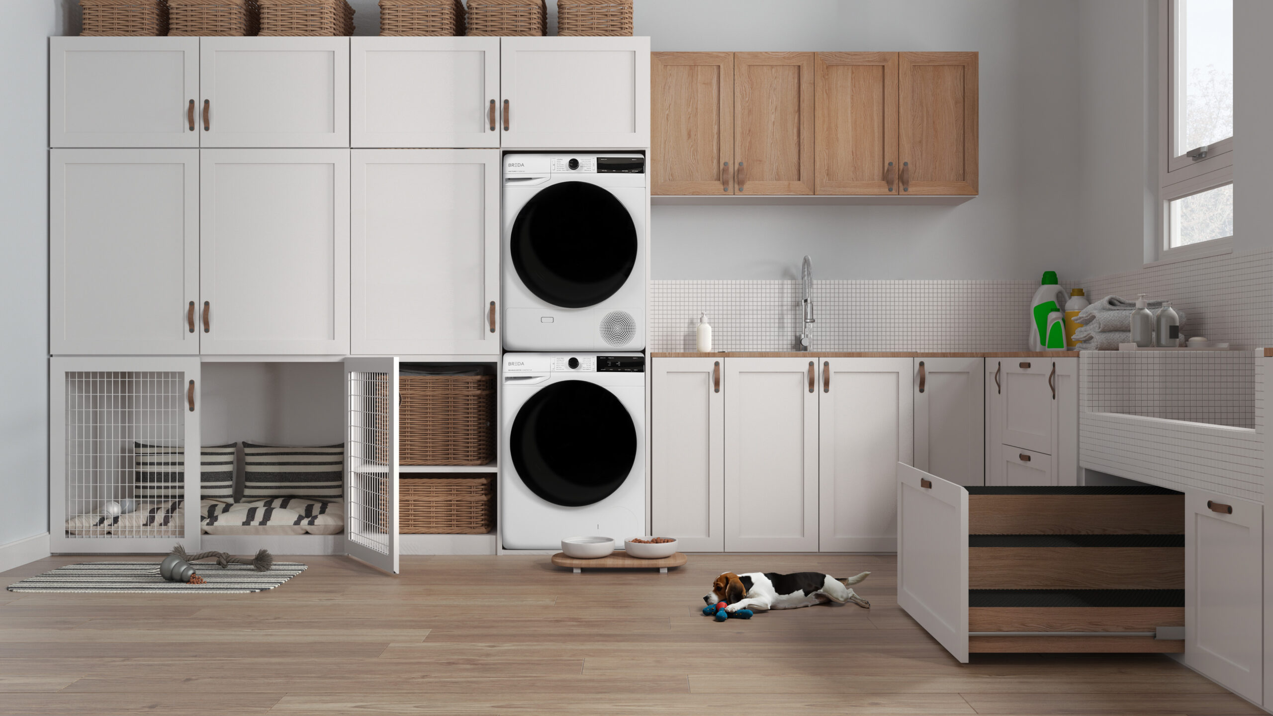 Space devoted to pet, pet friendly laundry room in white tones with appliances and dog bath shower with wooden ladder inside a drawer. Dog bed with gate. Modern interior design idea